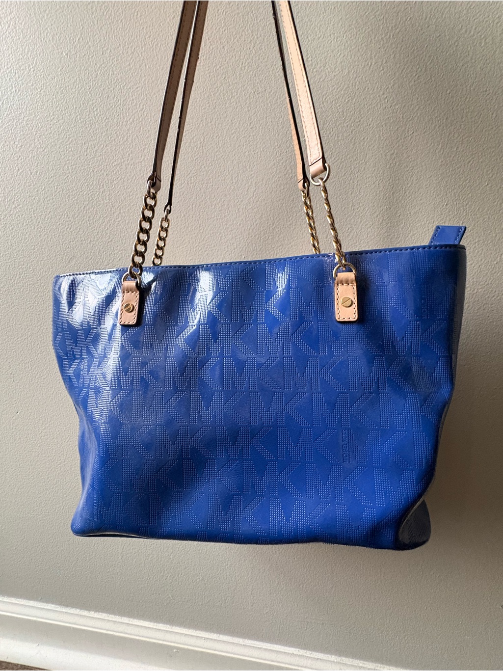 Michael Kors Royal Blue Mk Logo Tote With Chain-Strap Handles